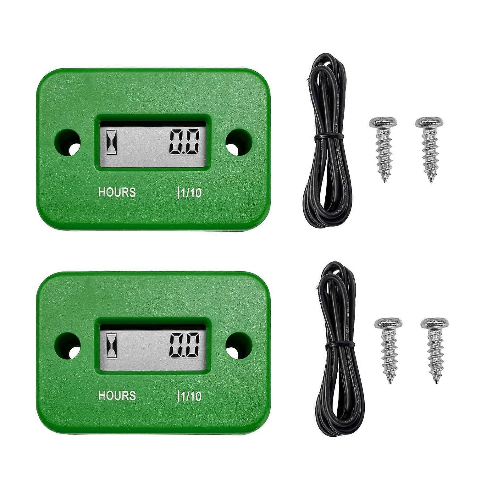 2 PCS Waterproof Inductive Hour Meter and Tachometer for Gas Engines, Lawn Mower, Generator, Motorcycle, Green