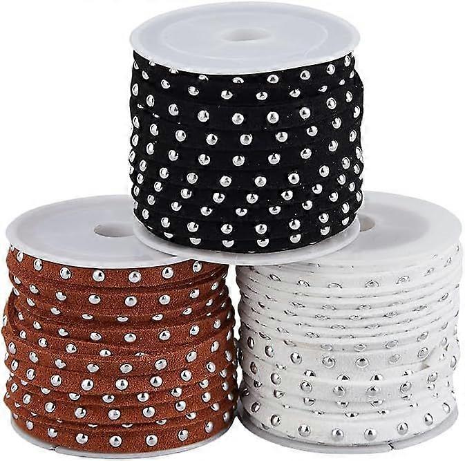 3 Rolls Suede String 5mm Wide Studded Suede Cord Flat Beading String Lace with Gold Rivets for Jewelry Making Tassel Macrame Dress Purse Home Decor(Sa