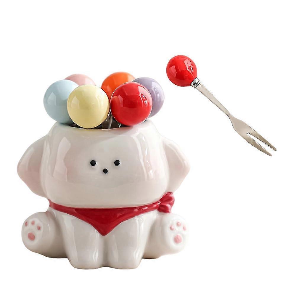 Ceramic Dog Fruit Fork Set with Stylish Puppy Jar and MirrorPolished Stainless Forks, Red