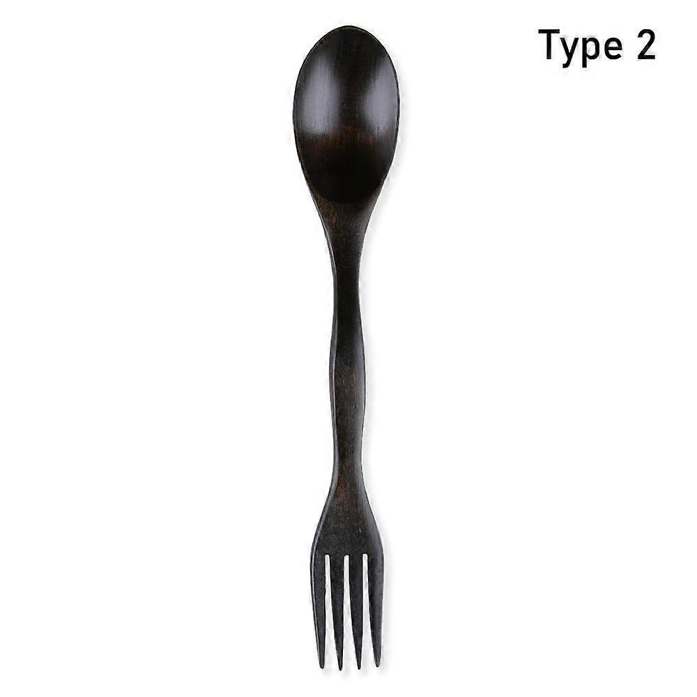 Flatware Fruit Tableware Natural Wood Spoon Fork 2 in 1 Dual Head