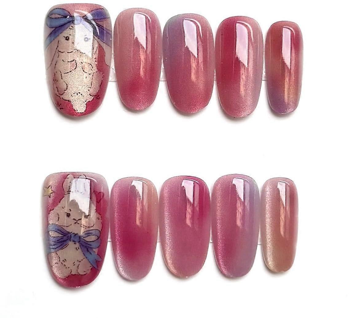 Pink Ombre Press On Nails with Bow, Glossy Gradient False Nails, Teddy Bear Accent, 10pcs S