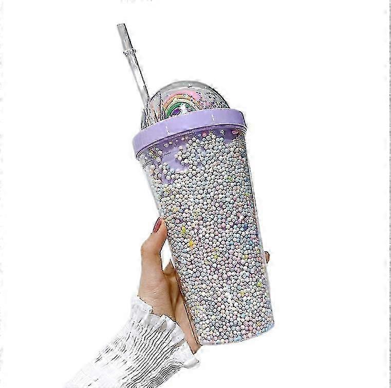 2026 Double Layers Rainbow Plastic Water Bottle With Straw Creative 550ml Mug