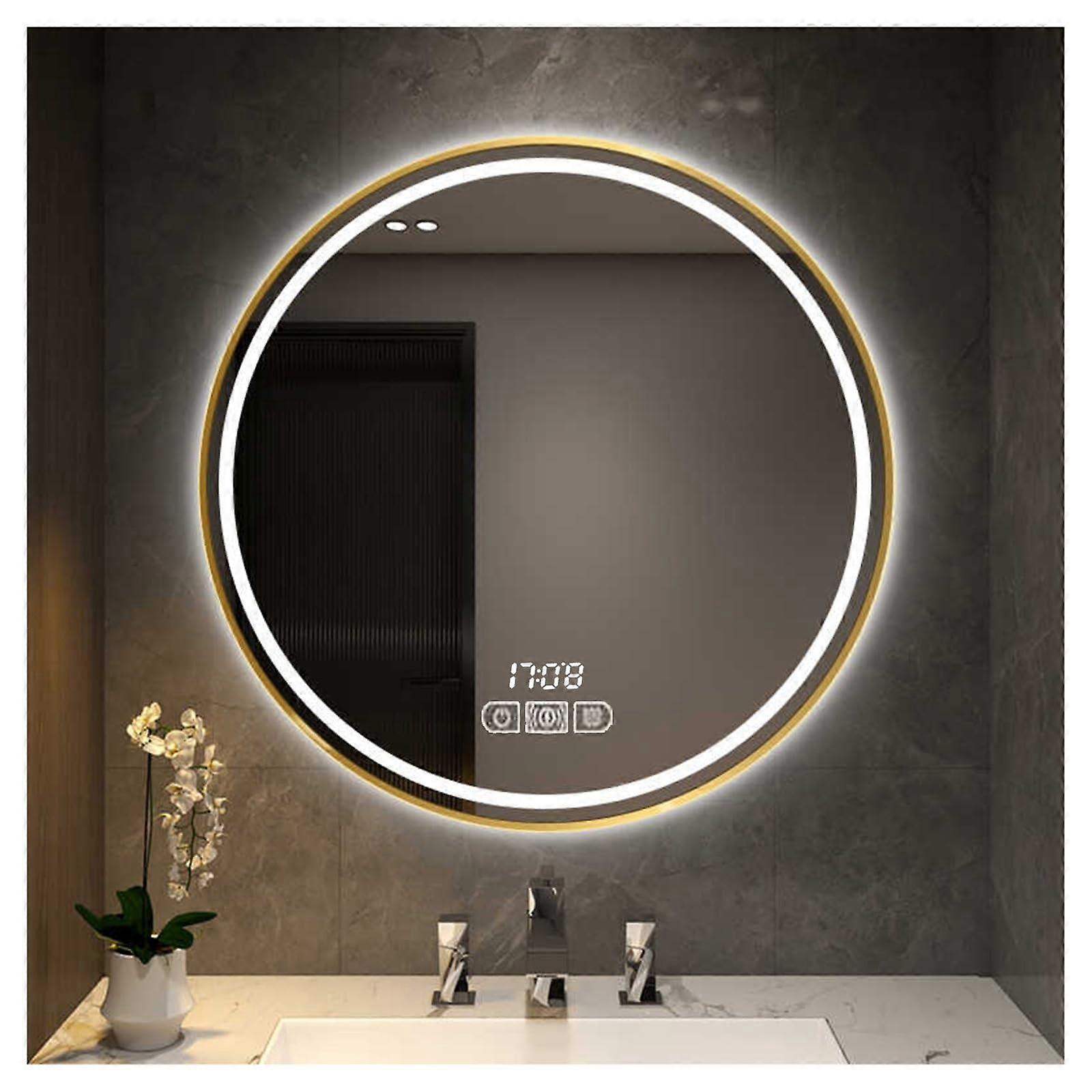 Round LED Bathroom Mirror with AntiFog, Dimmable Touch Sensor Lighted Vanity Mirror 70cm