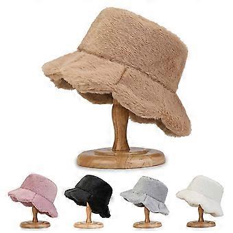 Winter Bucket Hat Wide Brim Solid Color Rounded Top Adjustable Thickened Keep Warm Headwear Autumn Winter Cotton Blends Plush Hat Women Accessories B