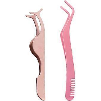 A set of eyelash curlers, stainless steel tweezers, practical tweezers for removing false eyelashes, and beauty tools (rose gold and pink).