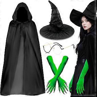 Set di accessori per costume da strega per donna, travestimento da strega con mantello, cappello da strega, guanti verdi con artigli, occhiali malvagi per Halloween, cosplay e travestimento.