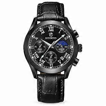 BINBOND Men's Multifunction Chronograph Watch 3 Sub-dials 6 Hands Luminous Waterproof Black Leather Strap Black Steel Black Dial White Indices JY