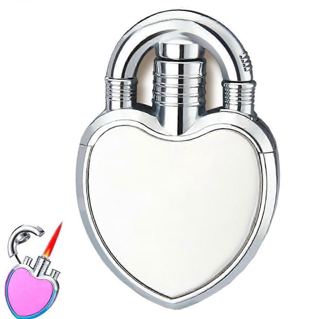 Windproof Butane Torch Lighter Silver Ice Love Lock Shape Refillable Four Flame Adjustable Jet