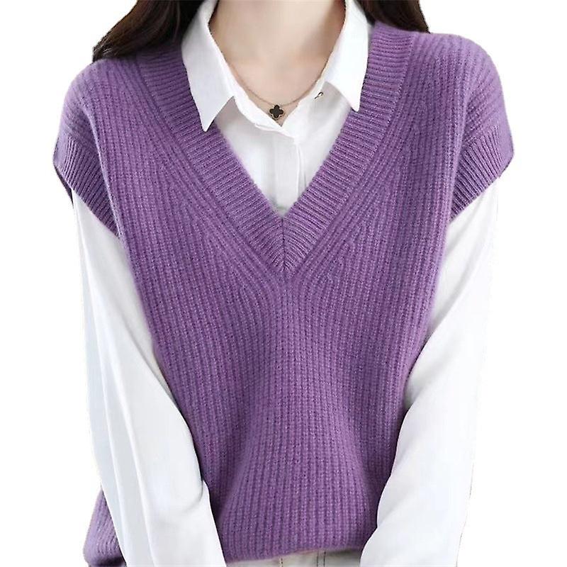 2023Autumn And Winter New Simple Commute Style Large V-neck Knitted Vest Solid Color Waistcoat Loose Slimming Vest