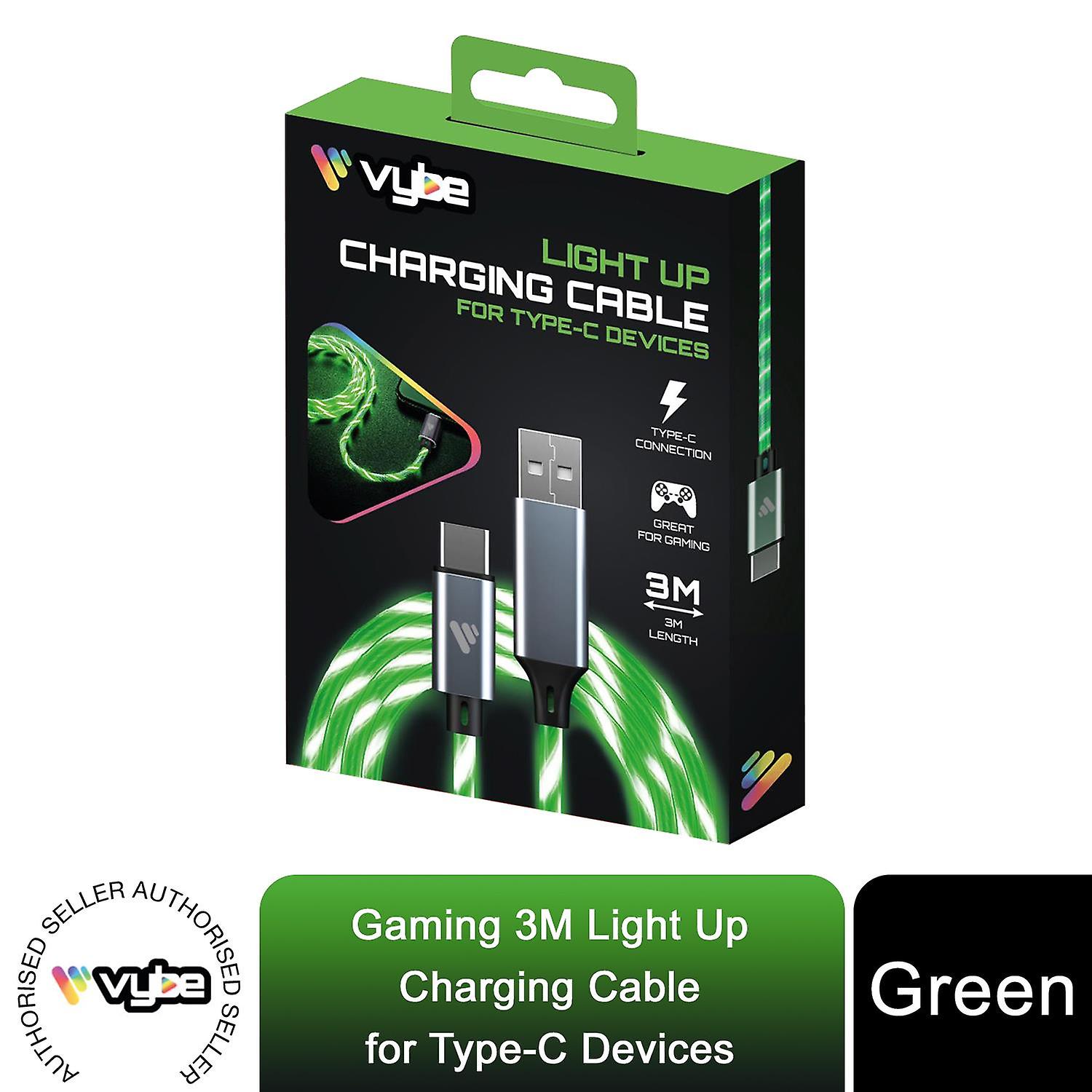 Vybe Charging Cable 3 Metre Light Up Great for Gaming Type-C Devices, Green