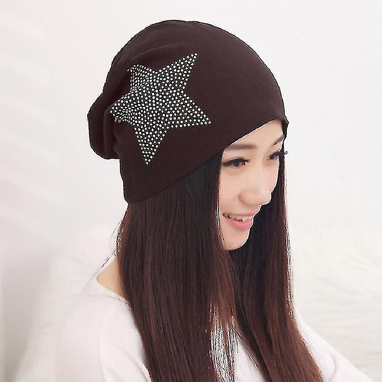 Hats 2pcs Solid Color Five-pointed Star Rhinestone Cotton Casual Wild Heap Cap Size:one Size Brown