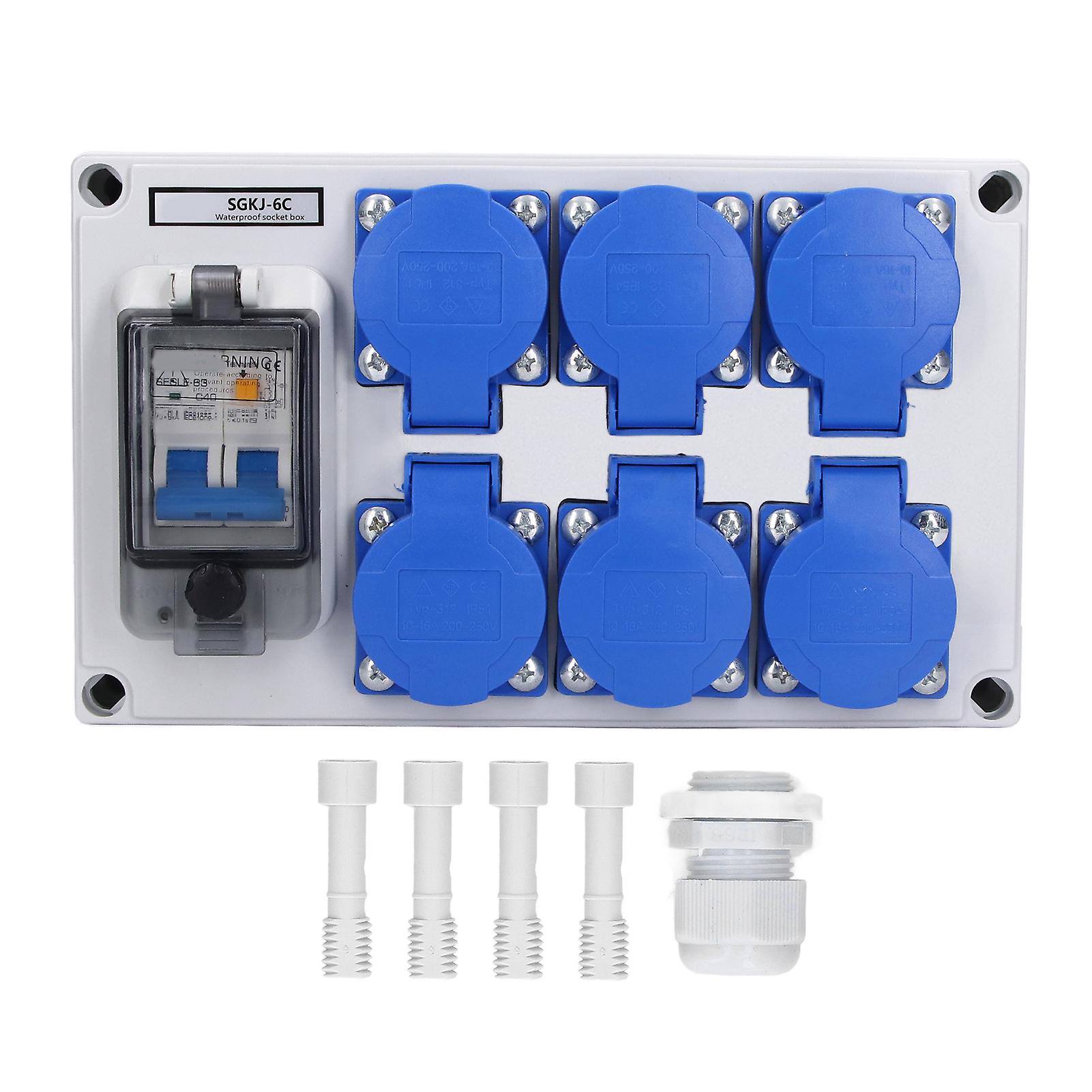 Waterproof ABS Wall Socket Box 6 Position German Plug with Switch for Garden 200-250V