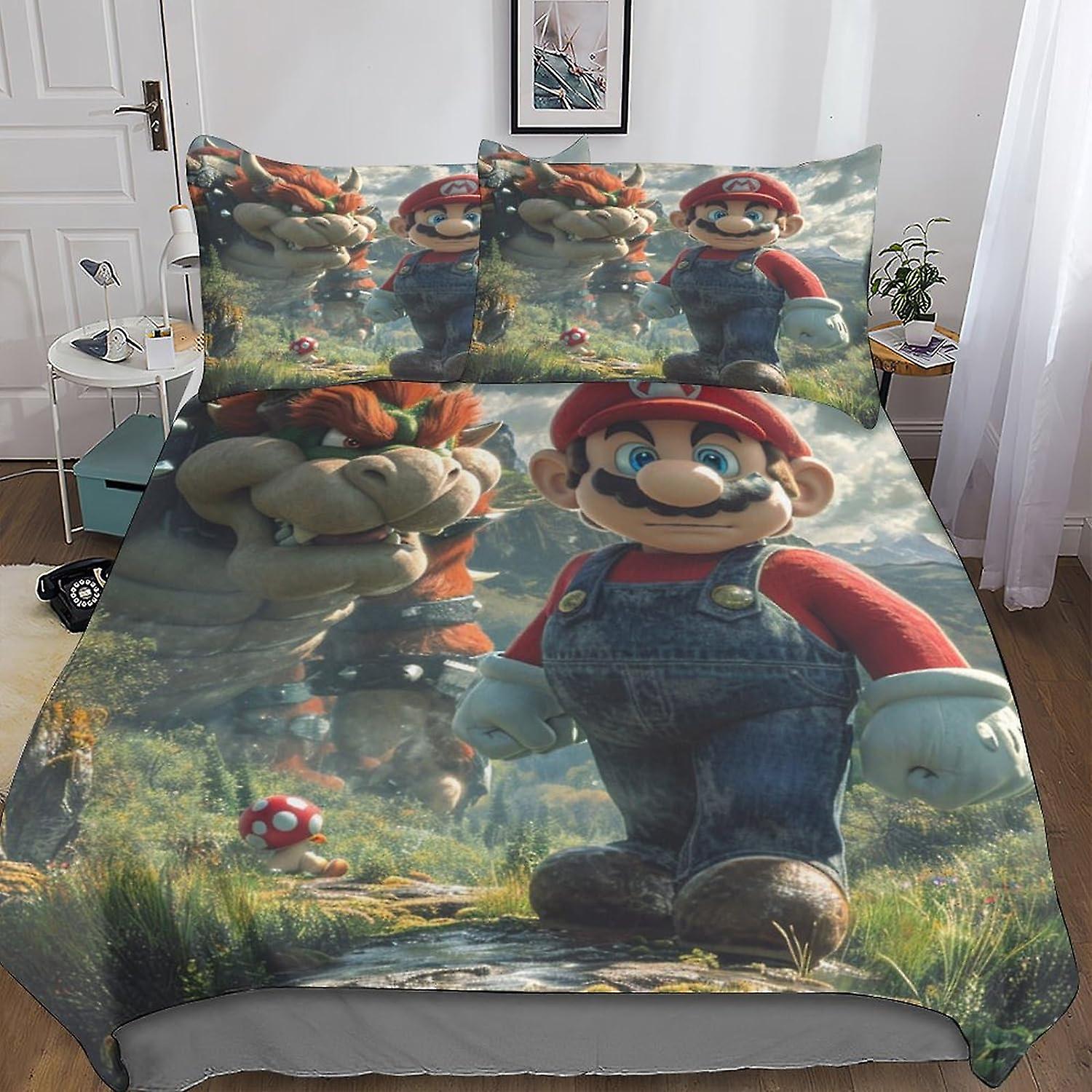 DSJackson Mario Bros 3D Print Duvet Cover Set - Microfiber Cartoon Bedding Sets with Hidden Zipper Closure, 3 Pieces Set with Pillowcases, Perfect for