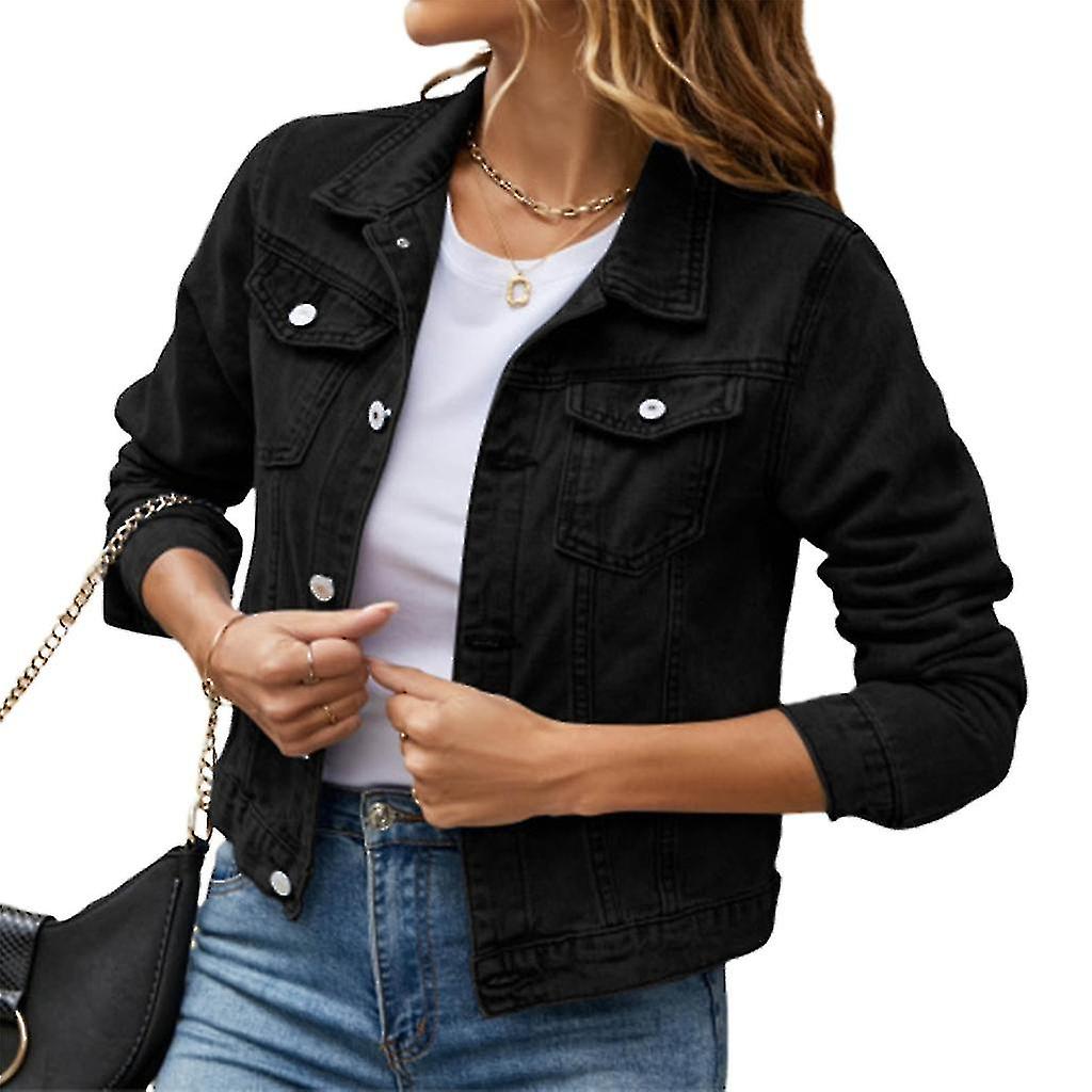 Women's Button Down Long Sleeve Cropped Denims Jean Jacket with Pockets-rx
