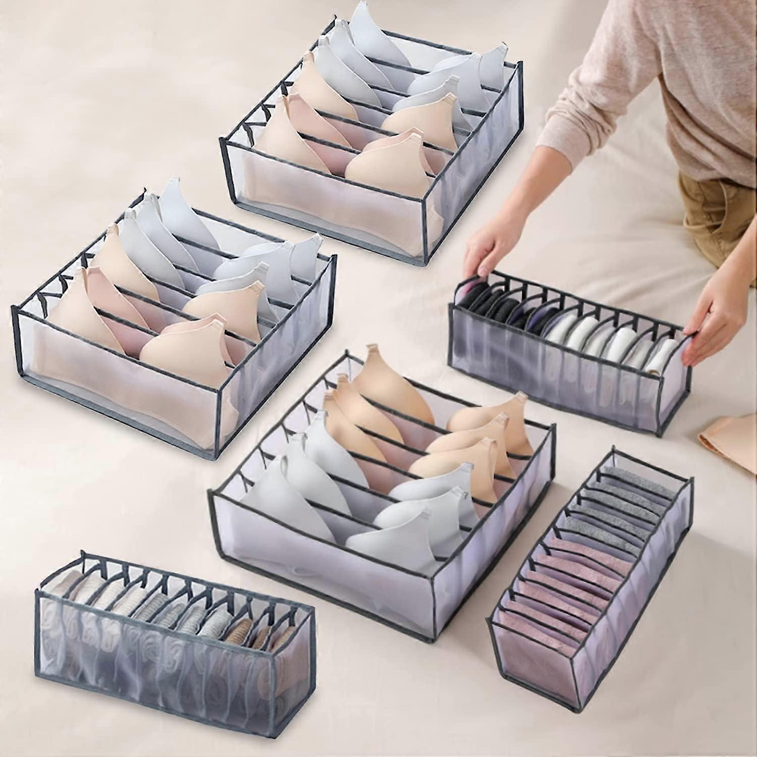 6 Pcs Underwear Drawer Organizer Foldable Storage Box Large Capacity Drawer Storage Box for Storing Underwear, Socks, Bras(Grey, 303)