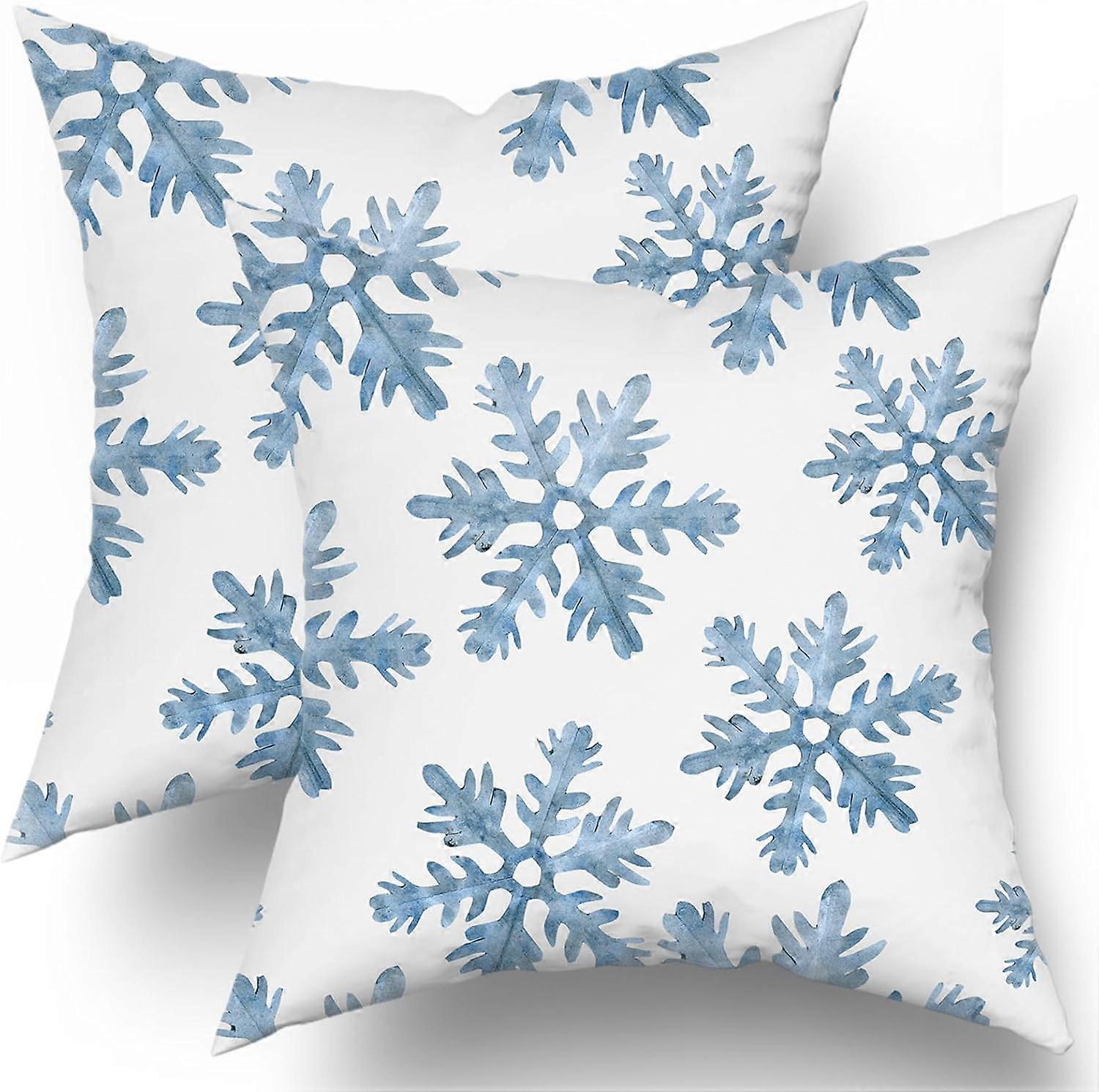 Capas de Almofada de Inverno com Flocos de Neve Azul Claro 16X16 Polegadas Conjunto de 2 Fronhas de Cristal de Flocos de Neve Brancas de Natal Xmas Almofada de Algodão de Natal