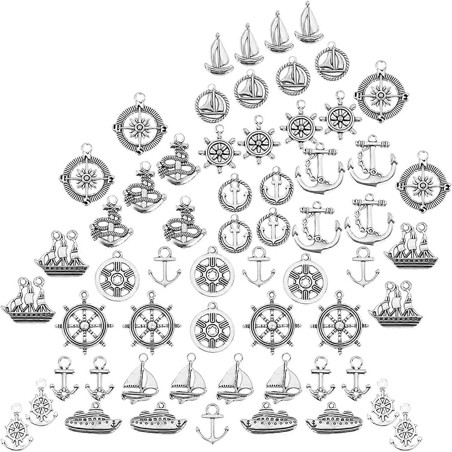 60Pcs 15Styles Anchor Charms TibetanStyle Alloy Helm Ship Flat Round Boat Vehicle Wheel Shape Ocean Sailing Theme Pendants for Making Crafts Supplies