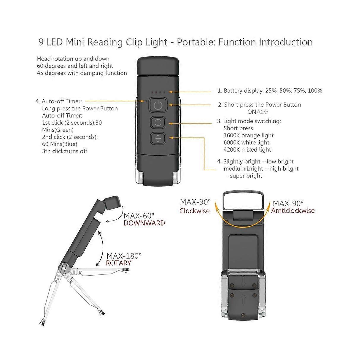 Book Light with Timer USB Rechargeable Reading Light Clip-on Read Lamp Bookmark Night Light Book La