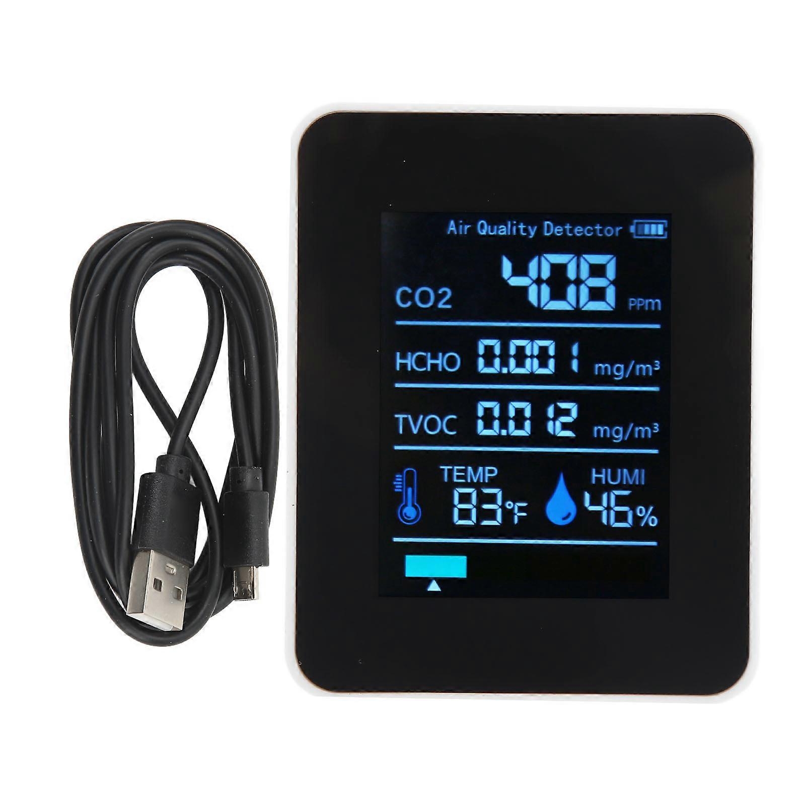 For Air Quality Detector 5 in 1 Real Time Detect CO2 TVOC HCHO Temperature Humidity Monitor Portable Carbon Dioxide Meter White
