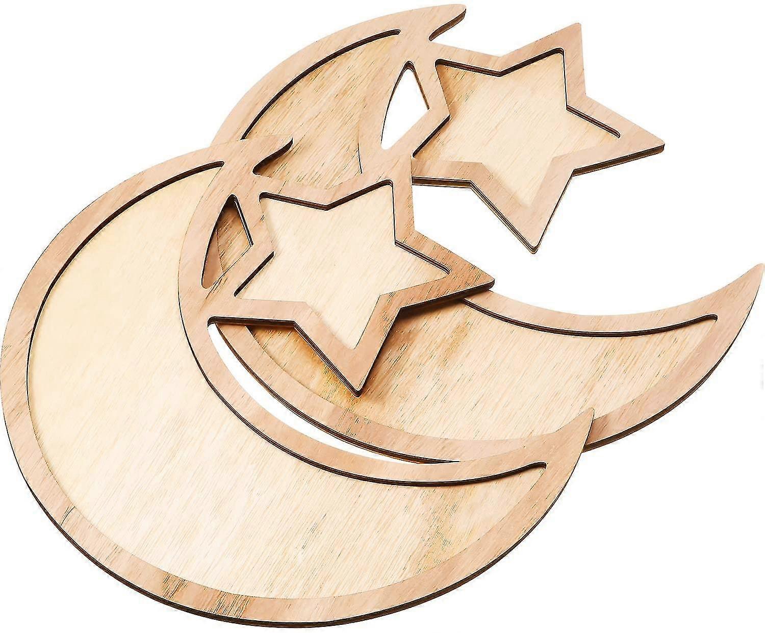 2 Sets Ramadan Wooden Tray Moon Star Tableware Serving Tableware For Dessert Pastry Display Rack Decoration Ornament