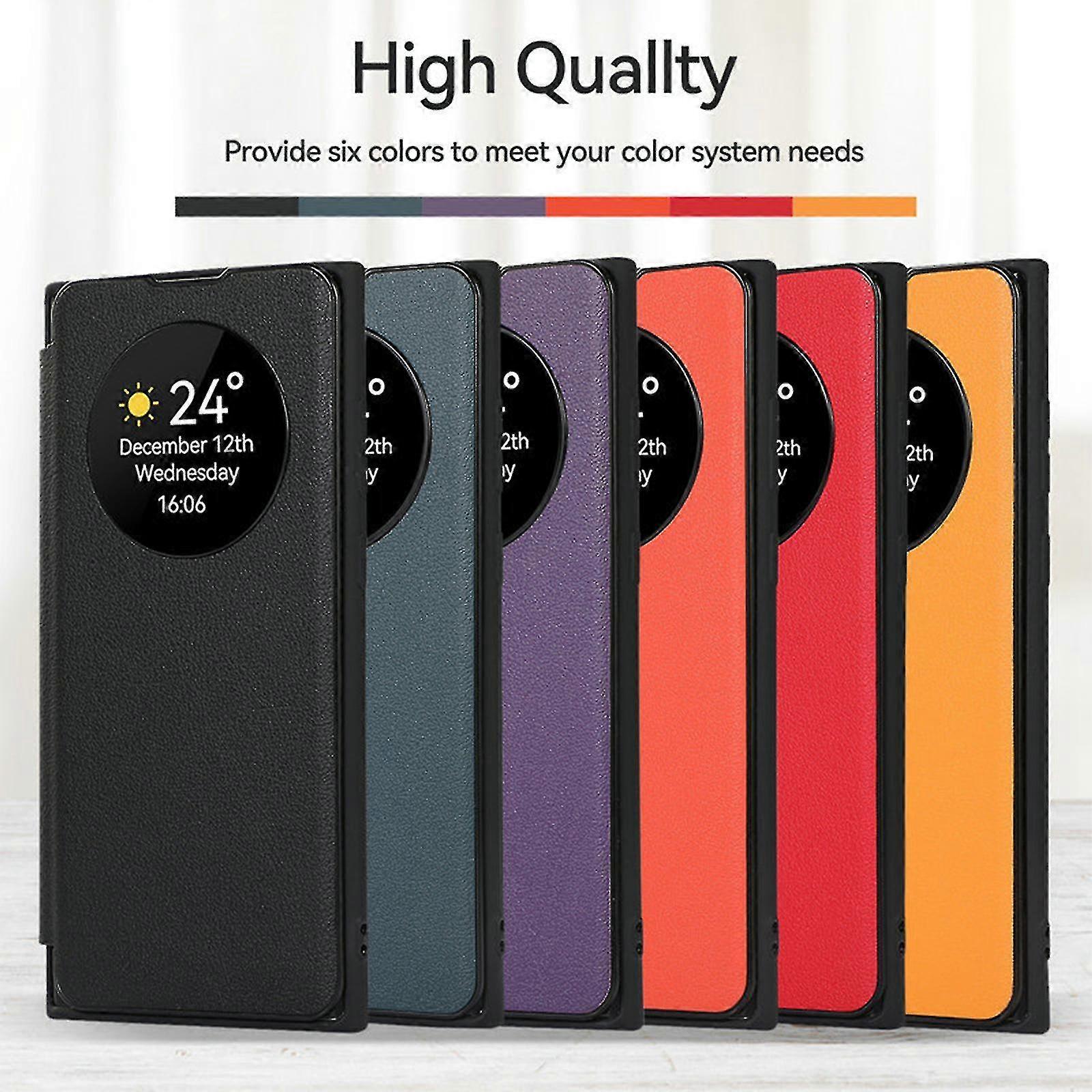 Capa para Samsung Galaxy S24, função inteligente de suspensão/despertar, janela de visualização, capa flip de couro premium com compartimento para cartão, suporte para carregamento sem fio