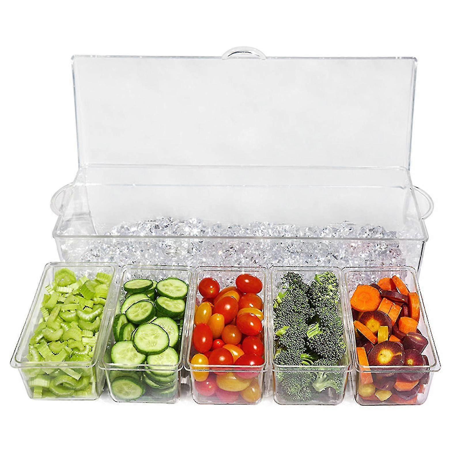 Condiment Server With Lid, Chilled Condiment Serving Tray With 5 Compartments Container For Parties