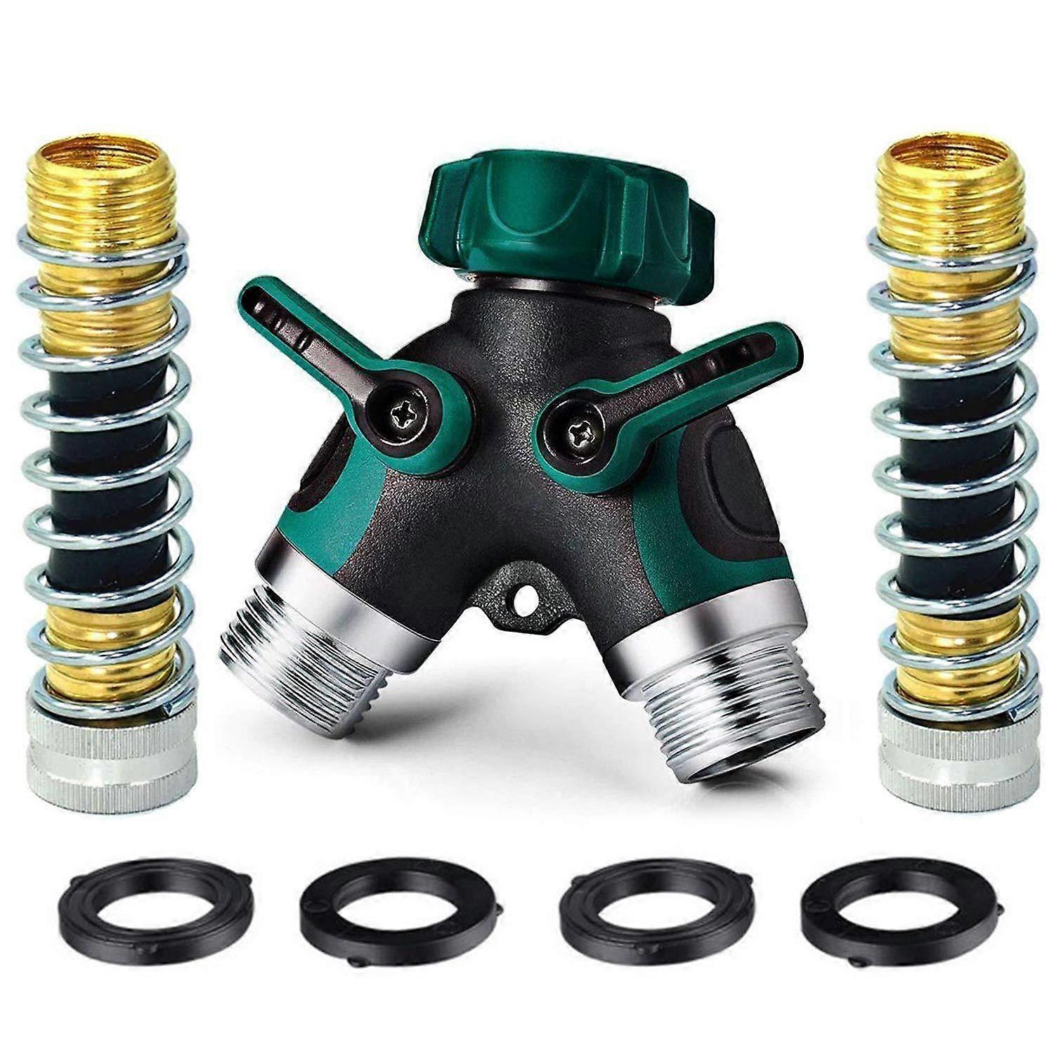 2 Way Garden Hose Splitter, Outdoor Utility Y Valve Hose Connector, Comfortable Rubberized Grip Faucet Adapter with 2 spring hose and 4 Rubber Washers