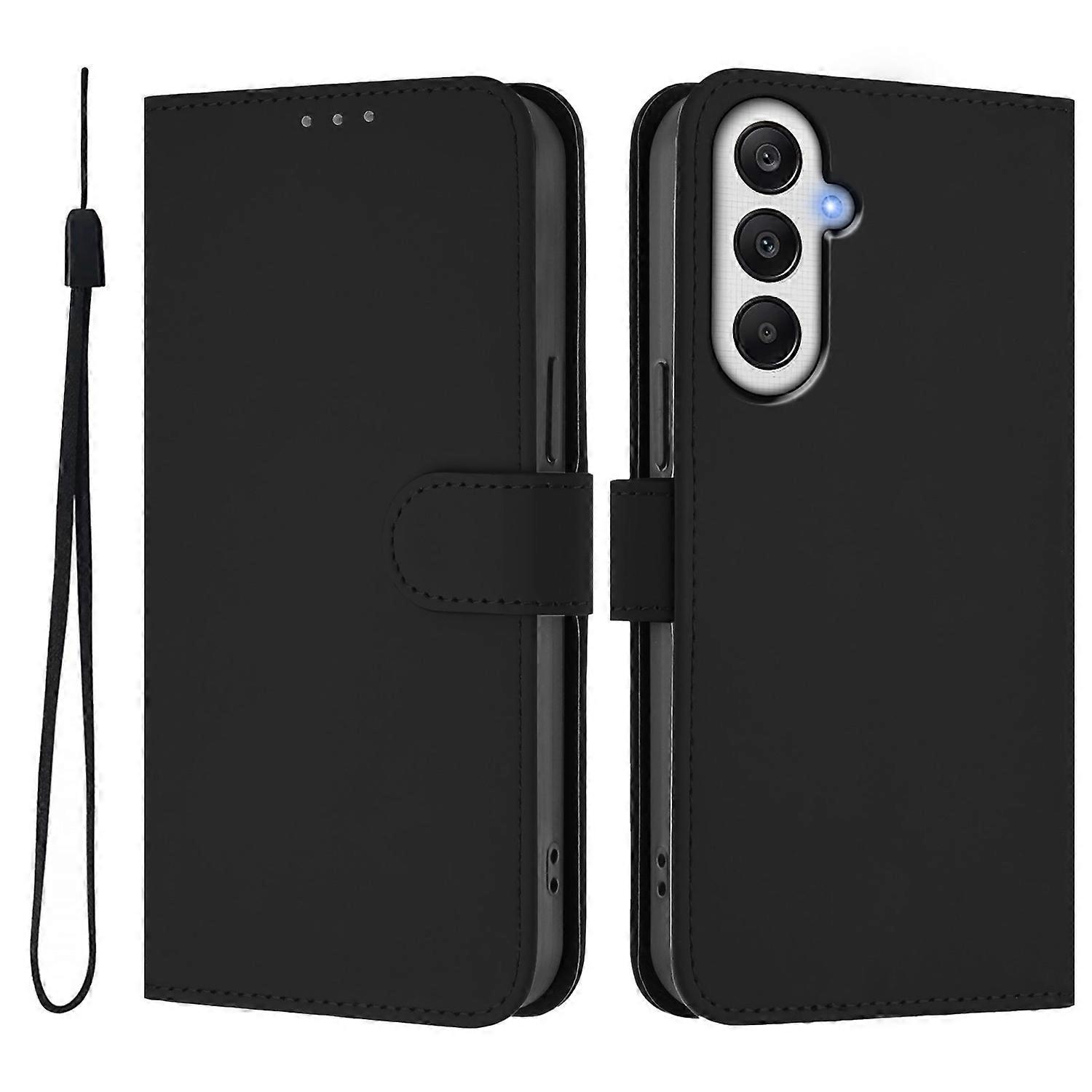 For Samsung Galaxy S24 FE Case Solid Color Wallet Leather Phone Cover with Strap - Black