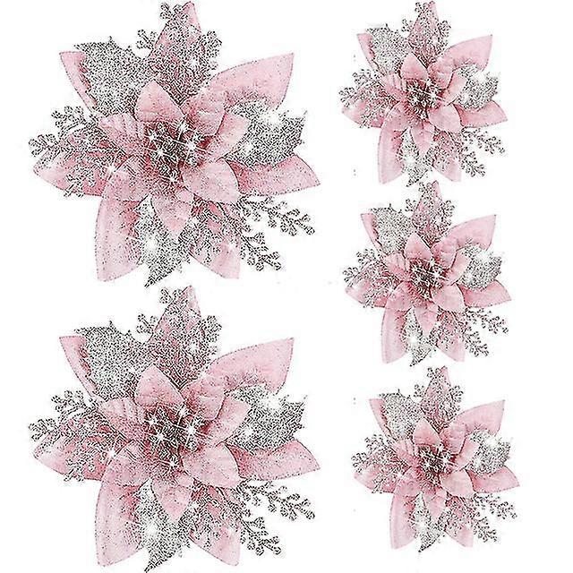 5pcs Christmas Decorations For Home Glitter Artificial Flowers Merry Christmas Tree Ornaments Xmas 2024 New Year Bling Flower