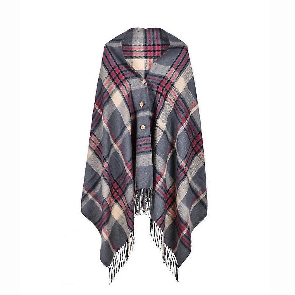 Plaid Warm Scarf with Bottons Pashmina Shawl Wrap with Tassel for Lady