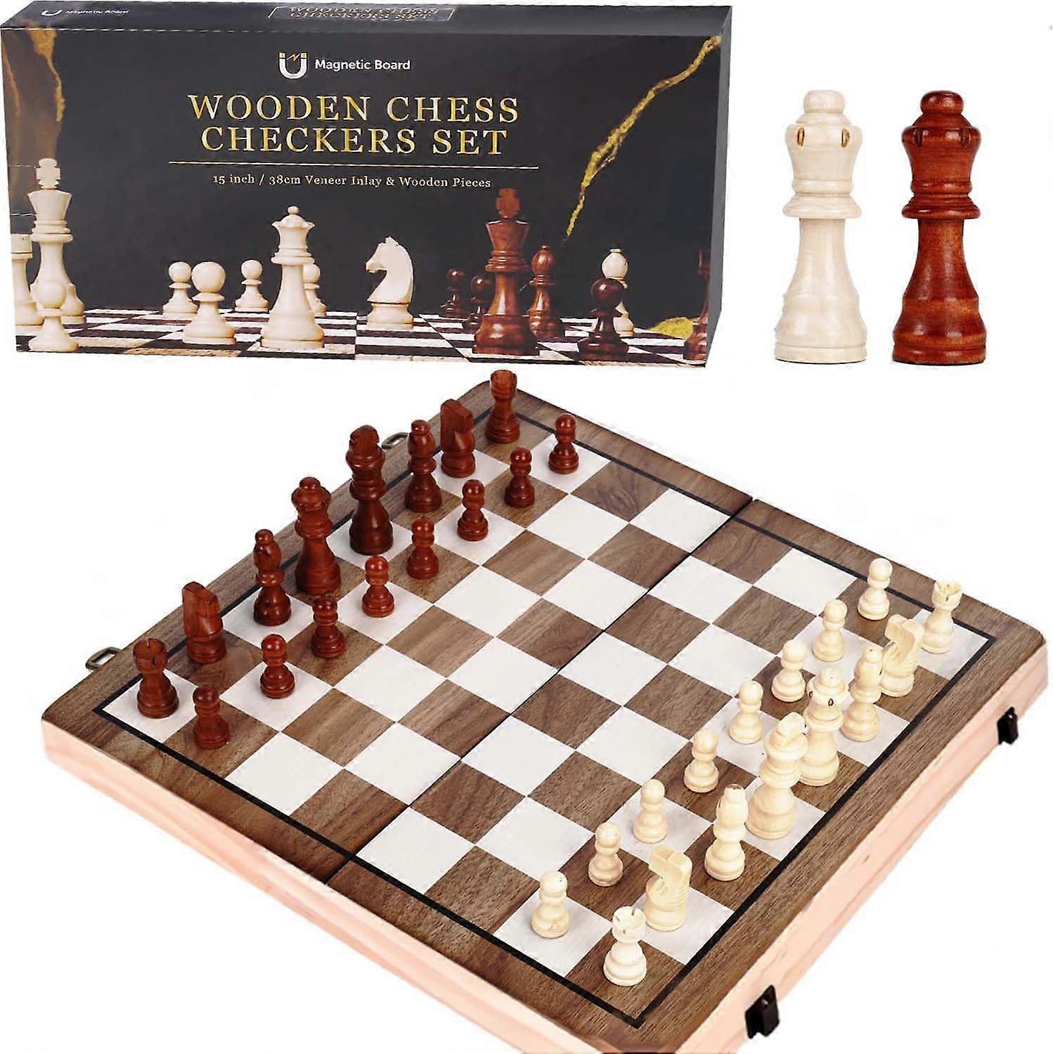 Wooden Chess Board Game Magnetic Checkers Set with Folding Board Individual Piece Storage Slot and Storage Bag