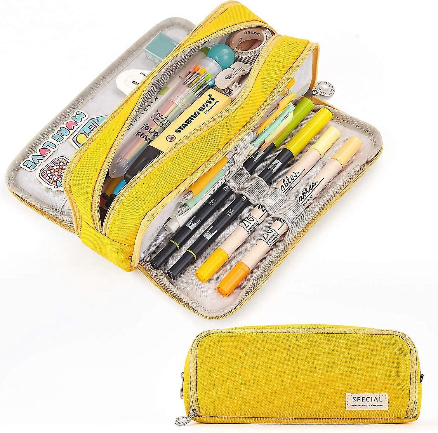 3 Compartments Canvas Pencil Case Large Capacity Pouch For Students