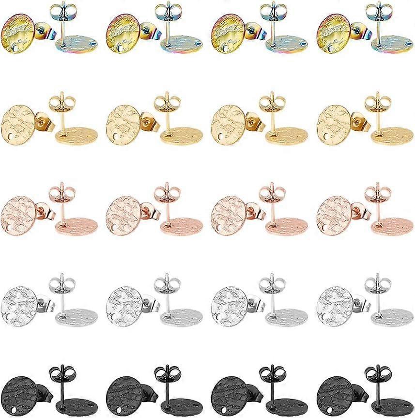 40Pcs 5 Colors Stainless Steel Stud Earring Findings with Earring Backs Textured Flat Round Earring Earring Post with Loop with Ear Nuts for DIY Earri