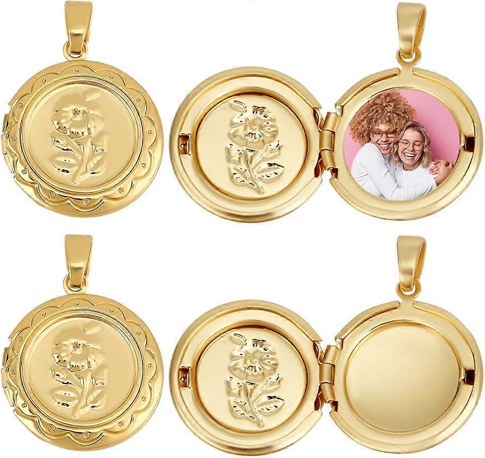 1 Box 6Pcs Gold Locket Charm Openable Flat Round with Flower Real 18K Gold Plated Brass Lockets Memory Photo Frame Pendants Charms for Jewelry Making