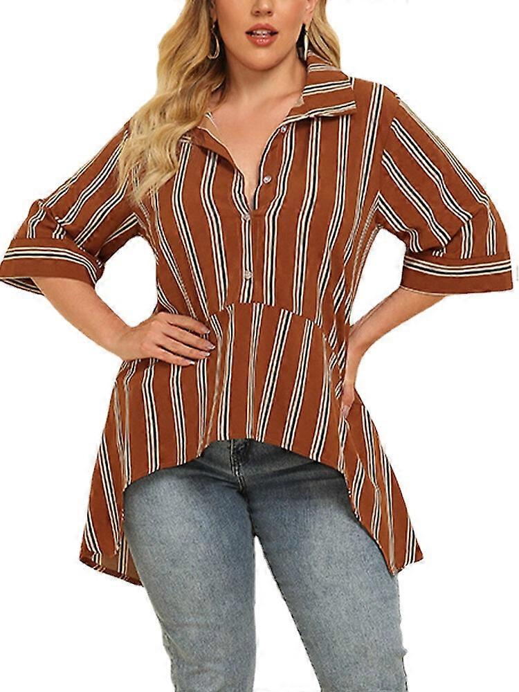 Plus Size Women Stripe Half Button High Low Vintage Half Sleeve Blouses