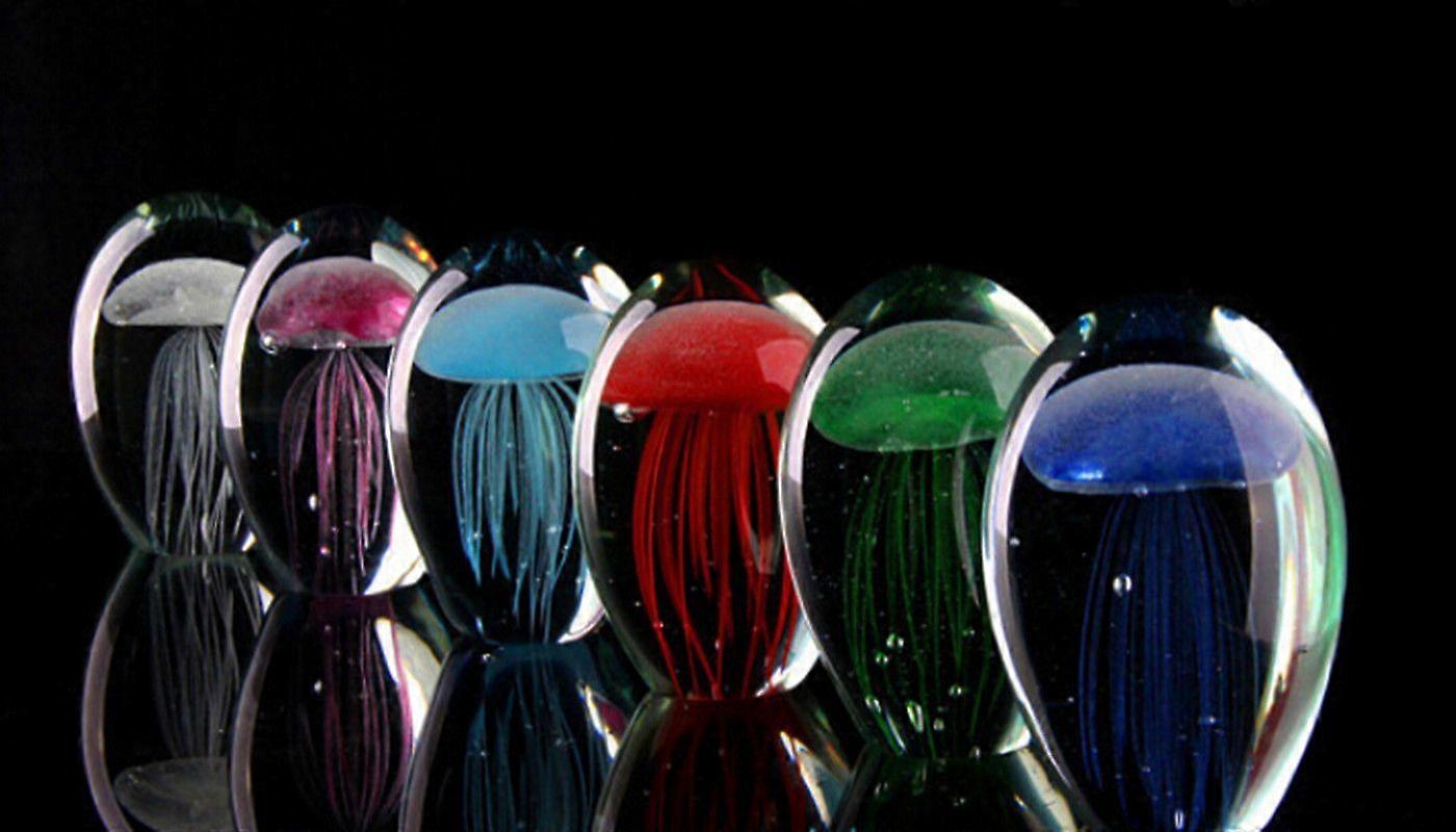 Glass Black GLOWING JELLYFISH Paperweight Glow in the Dark WITH LED BASE