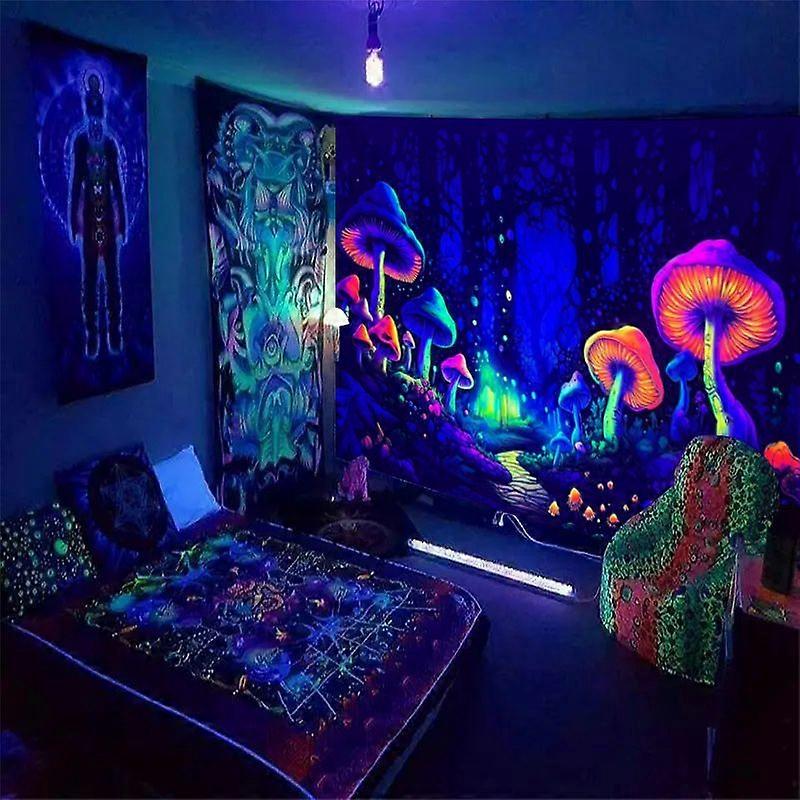 Fluorescent Decorative Wall Tapestry Mushroom Planet Shape Room Decor Modern Rectangular Neon UV Light Fabric 100% Polyester