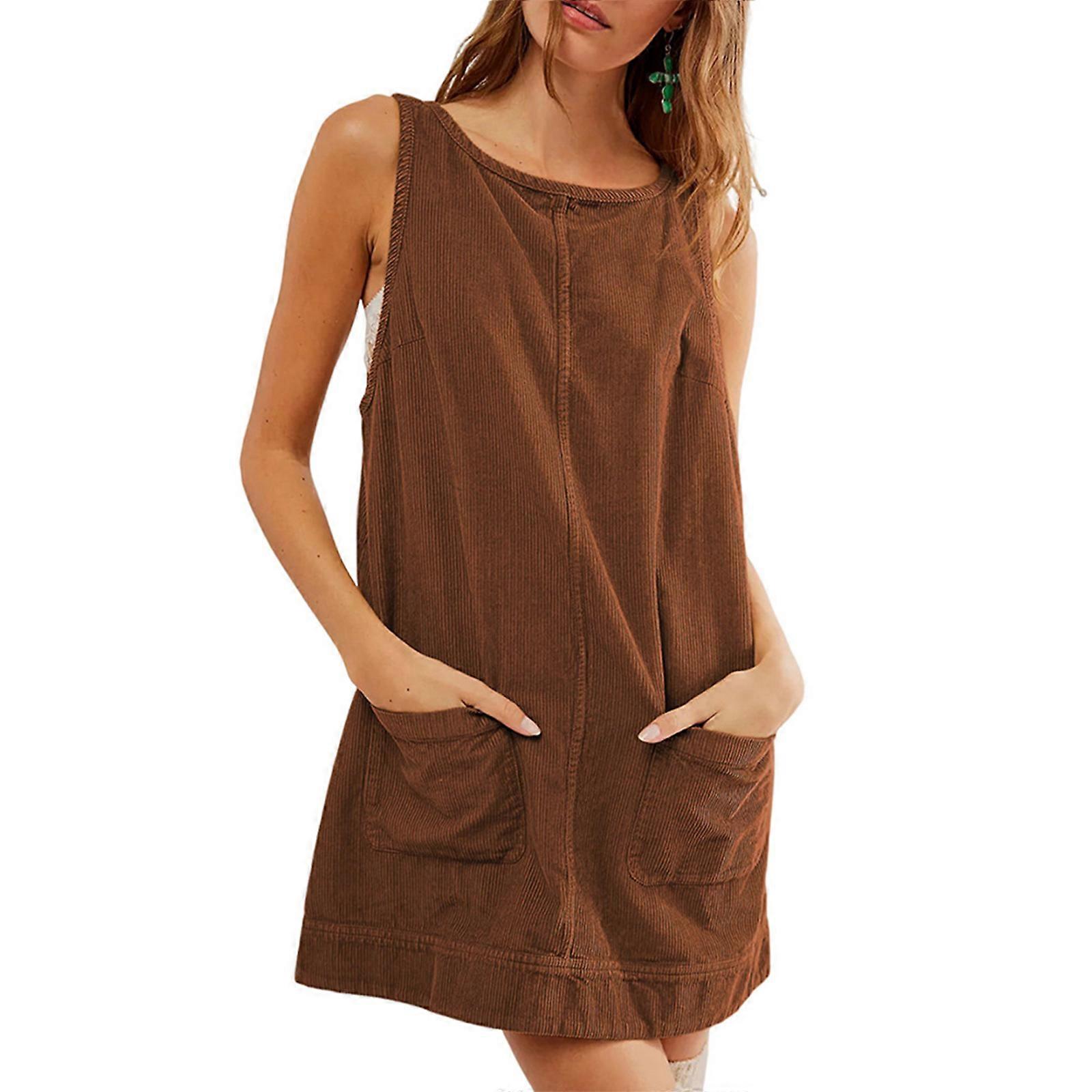 Stylish Corduroy Mini Overall Dress with Pockets Round Neck Open Back A  Line Loose Fit Tanks Top Vest Dresses for Women brown M | Fruugo NO