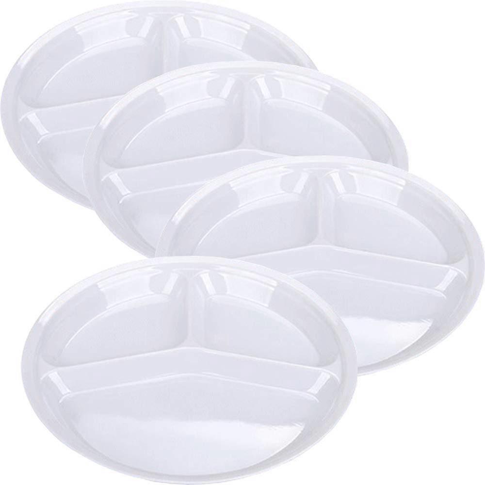 Reusable Dinner Plates 4 Pack - 10.25in Plastic White Divided Plates, 3-Compartment Portion Control, For Adults Camping