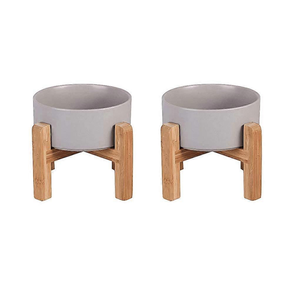 Raised Ceramic Dog Bowl Set - Elevated Double Feeding Bowls with Bamboo Stand for Small to Medium Dogs - Grey Dishes Set of 2