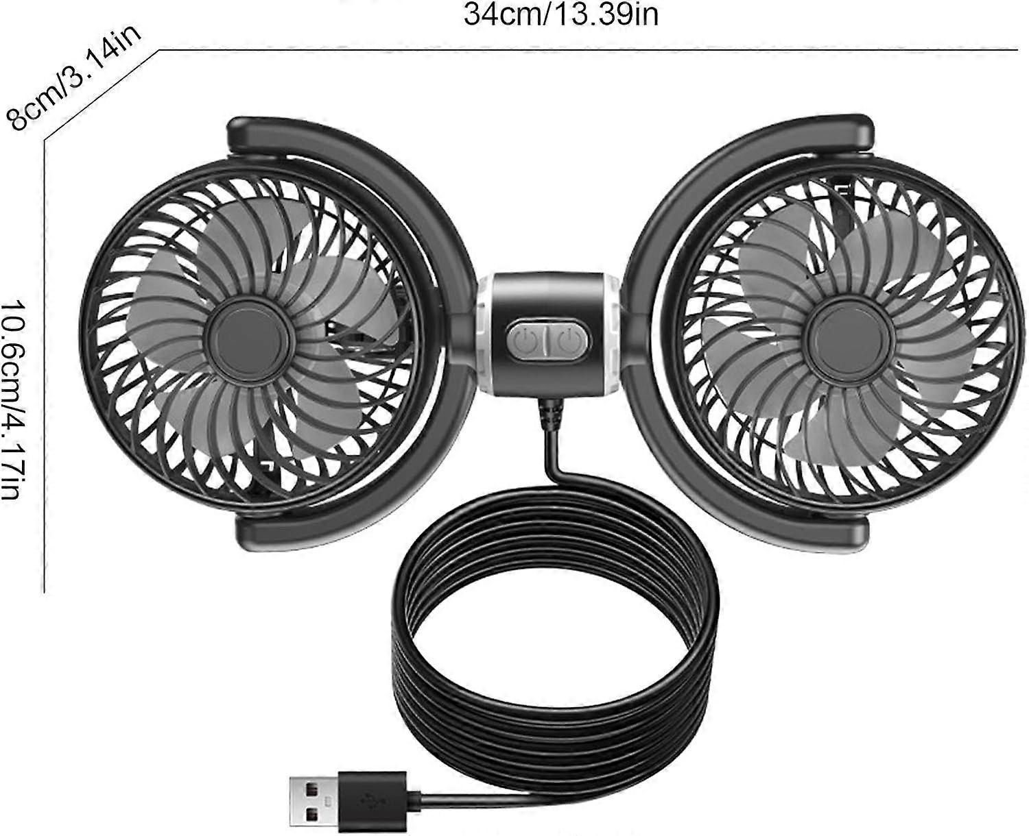 USB Car Seat Fan Dual-Head, 270-Degree Rotating, 3-Speed, Rear Headrest Cooler for Backseat
