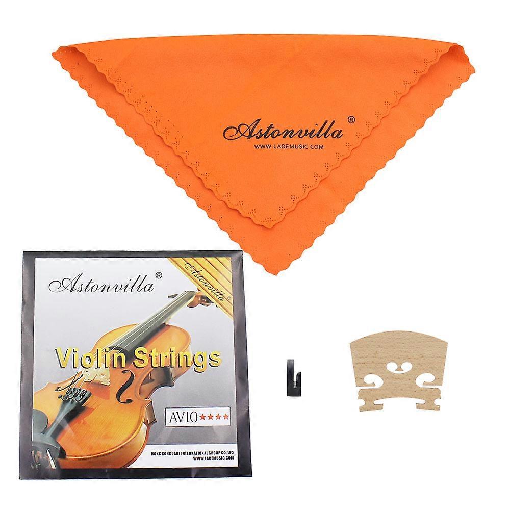 Violin 4 in 1 Set of Strings/Rubber Mute/Maple 4/4 Bridge/Cleaning Cloth Accessories Parts Replace Tool