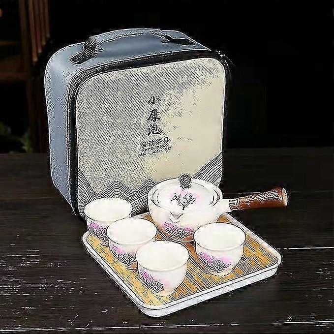 Ceramic Portable Travel Tea Set, Chinese Kungfu Tea Set with 360 Rotation Teapot and Infuser, 4 Tea Cups, Tea Tray And Travel Bag (Cherry Blossoms)