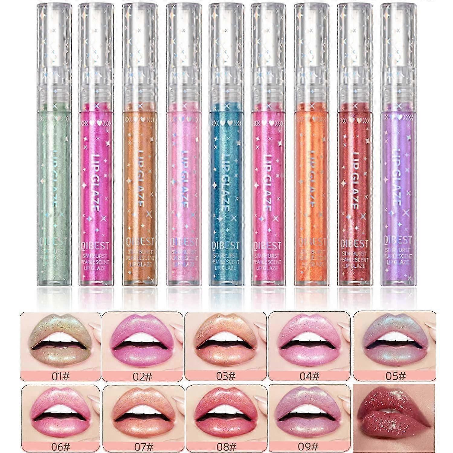 Set de Lápiz Labial Líquido con Purpurina 9 Colores Glitter Diamond Shiny Lip Gloss Set Lápiz labial metálico Shimmer resistente al agua de larga duración para mujer Set de maquillaje de labios