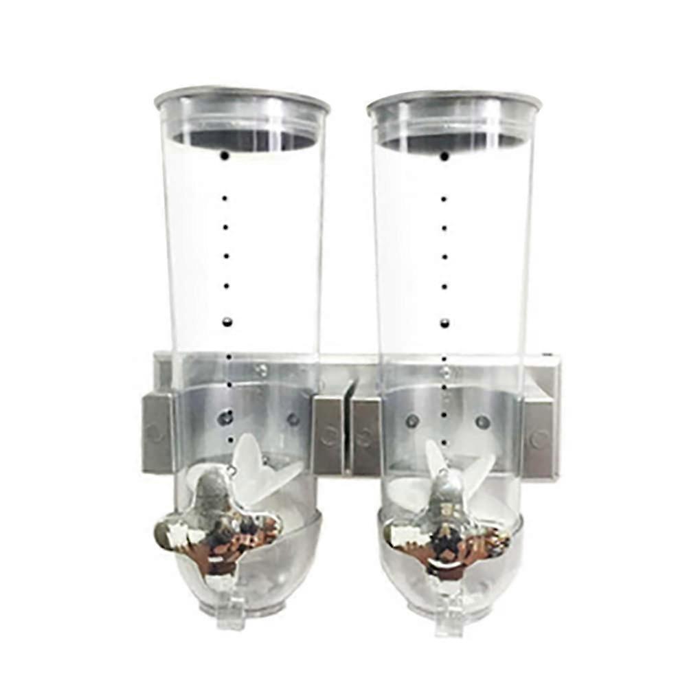 2 x 1.5L cereal dispenser, double cereal dispenser, wallmounted plastic silver dispenser for cereal, corn flakes, and sweets.
