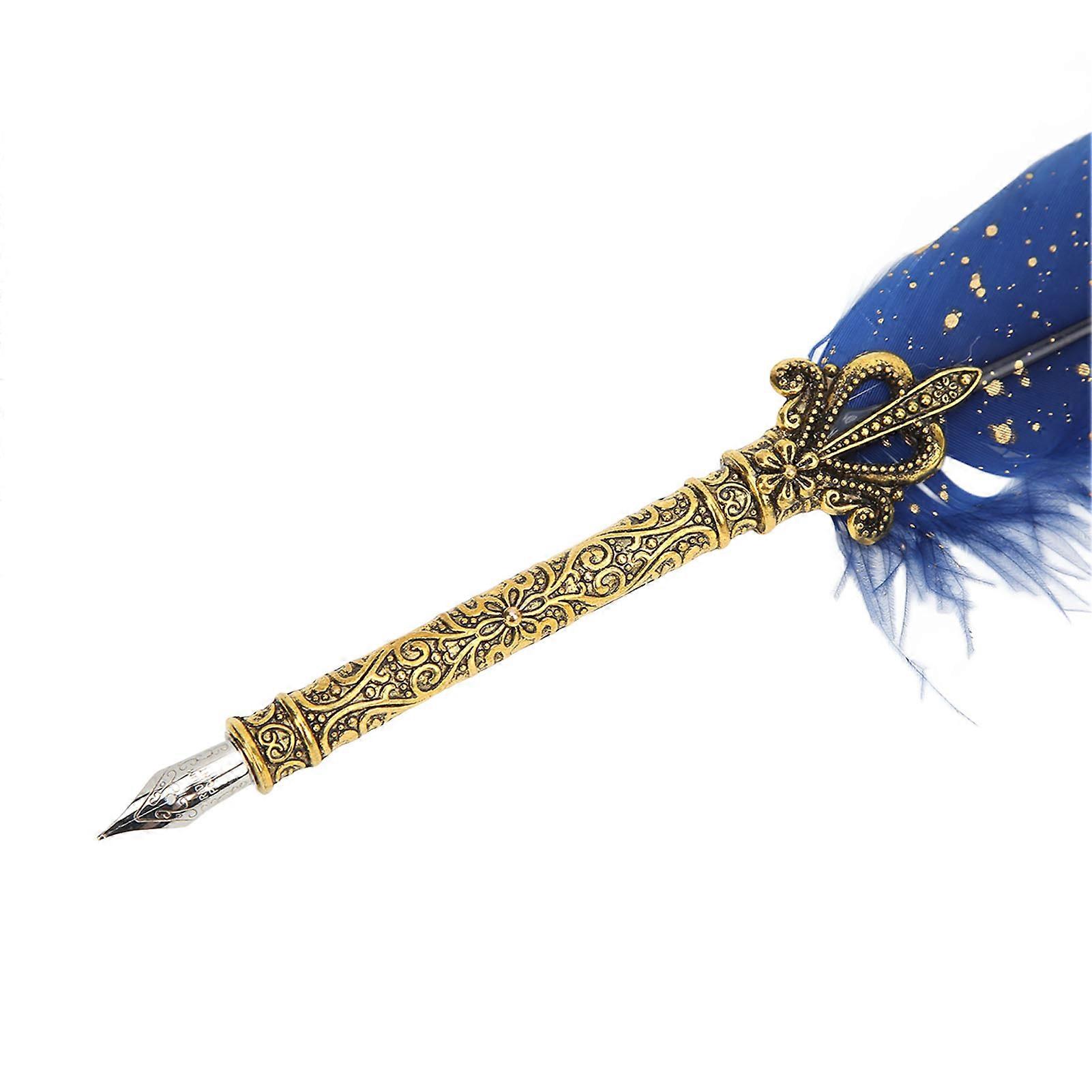 Feather Pen Soft Texture Zinc Alloy Engraved Nib Vintage Style DIY Making Calligraphy Dip Pen Set for Art Writing Blue