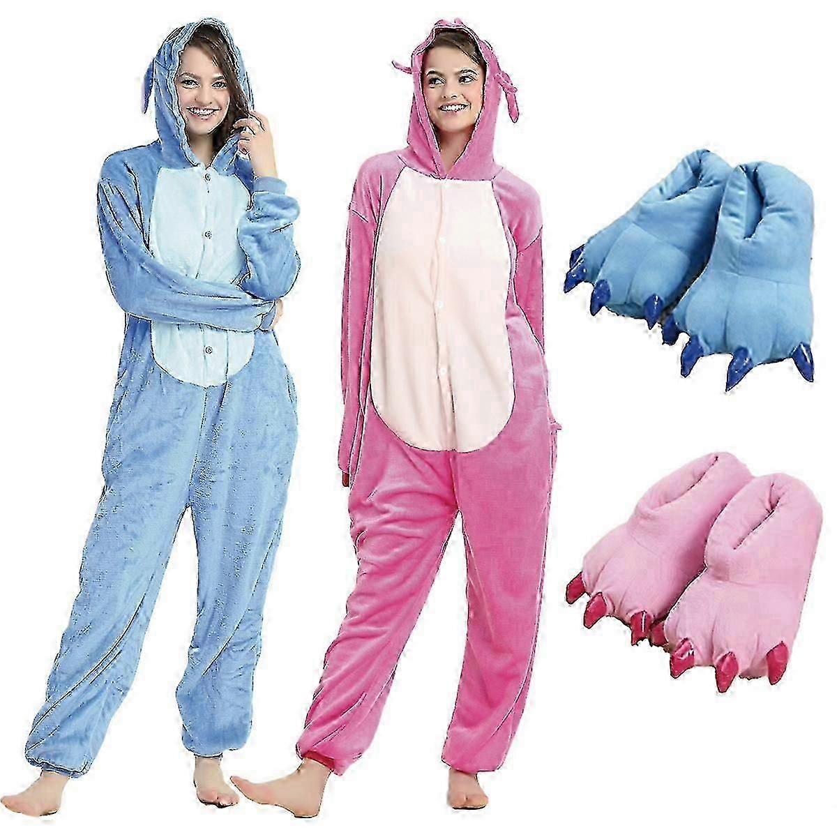 الكبار Stich Onesie بيجامات أنيمي غرزة الملاك لطيف زي بذلة Onesies مقنع ملابس نوم هالوين تأثيري للرجال النساء BSSM