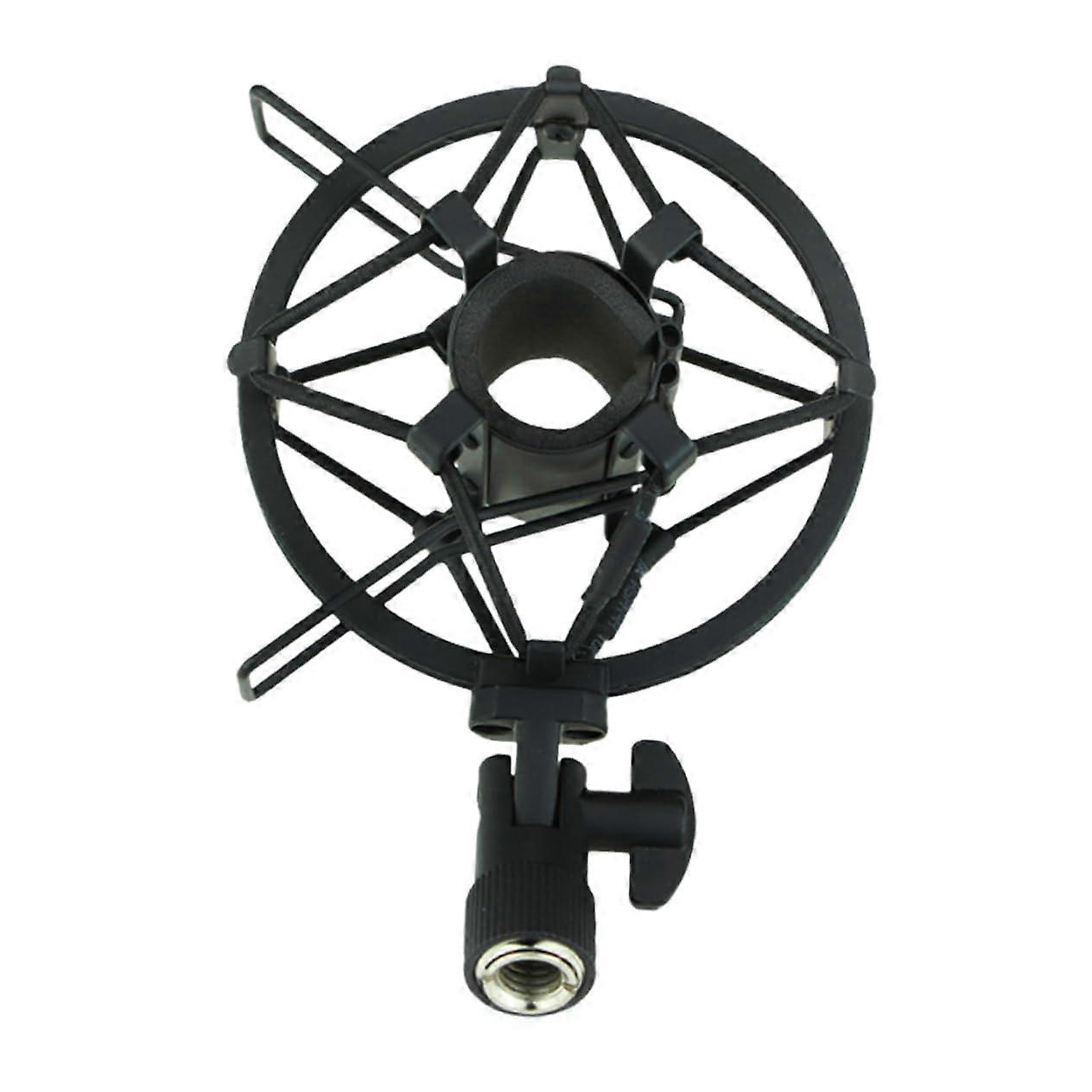 Black metal microphone mount with vibration damping for condenser microphones, designed for audio recording and broadcasting.