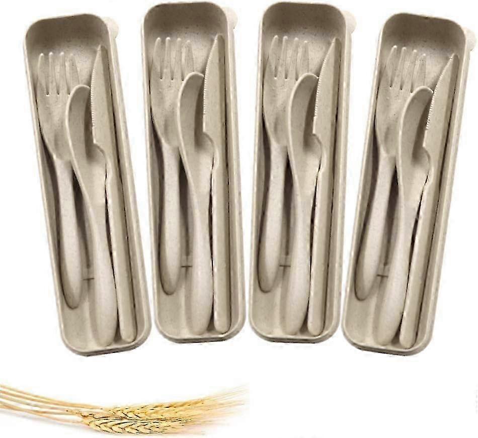 طقم أدوات مائدة محمول من قش القمح من 4 ، ملعقة ، سكين ، شوكة ، أدوات مائدة للأطفال والكبار ، السفر ، نزهة ، تخييم (بيج)