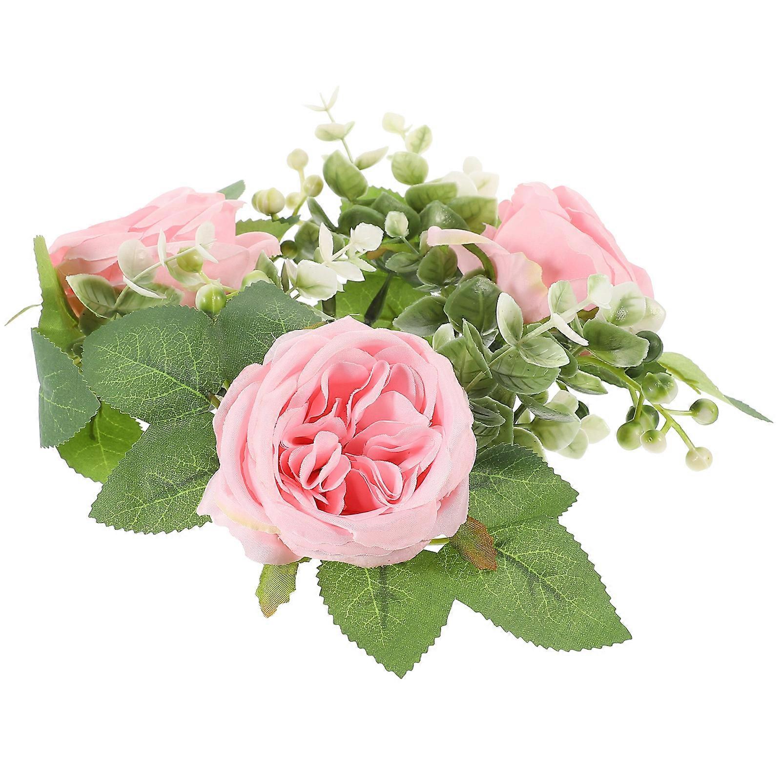 Artistic Candle Ring Wreath Faux Floral Decoration Home Decor Pink Circular Wreath for Wedding 1Set